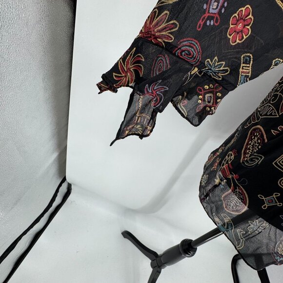 Chicos Silk Artsy Top Womens Size L Novelty Abstract Boho Ruffled Art Button Vtg - Picture 4 of 6